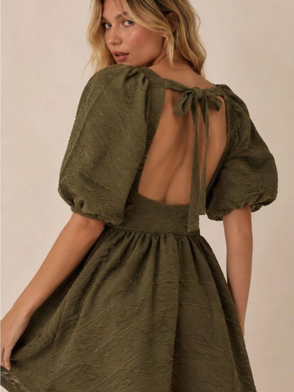Free People Olive Green Mini Dress with Puff Sleeves